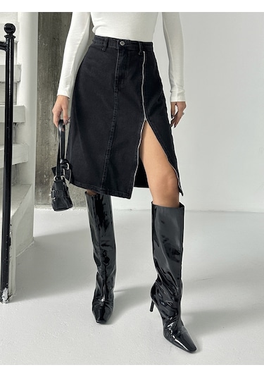 Kadın Ön Yırtmaç Fermuar Detaylı Kot Etek Siyah