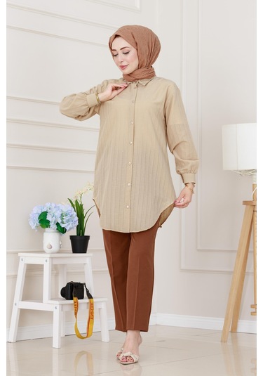 Sevitli Göğüsü Taş Detaylı Oversize Tunik-bej-5226 Bej