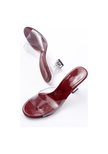 S-619 Bordo Rugan Şeffaf Bantlı Şeffaf Topuklu Yuvarlak Burunlu Kadın Terlik Renksiz