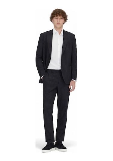 Lacivert Çizgili Modern Fit Örme Takım Elbise Lacivert