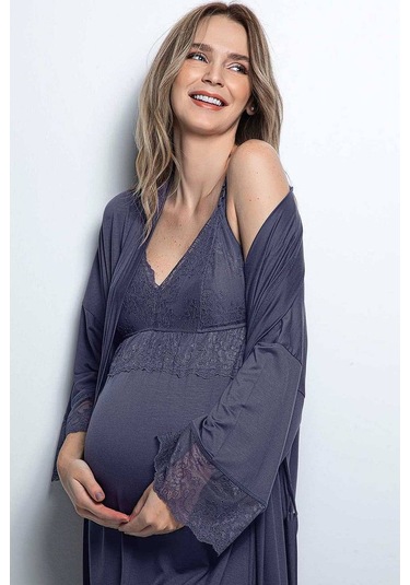 Monamise 18428 Hamile Lohusa Sabahlıklı Gecelik Takım - Lacivert