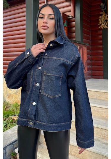Lacivert Denim Color, Apaş Yaka, Çift Cepli, Kaliteli Jeans Kumaş, Salaş Kot Ceket Lacivert