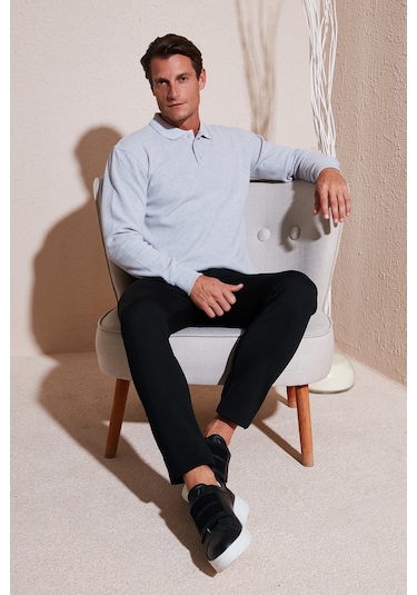 Buratti Pamuk Karışımlı Regular Fit Erkek Polo Yaka Kazak 456223 Açık Gri