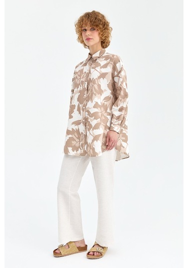 Yaprak Desenli Ferah Kumaş Pantolonlu Takım Bej Beyaz