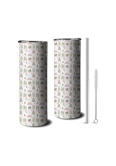 20oz Noel Desenli Paslanmaz Çelik Termos, Kapak Ve Pipetli, Çift Katlı Noel Ağacı Metni