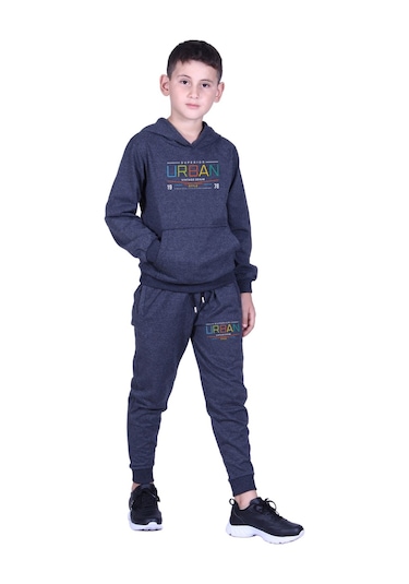 Kapüşonlu Kanguru Cepli Urban Yazı Baskılı Erkek Çocuk Eşofman Takımı Füme