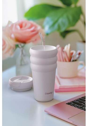 Stevig 3 Bubble Two-cap Straw Tumbler Çelik Termos 600 Ml Lilac Hint St-245 Lila