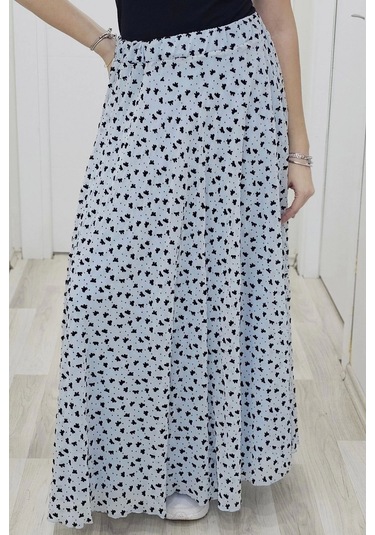 Bel Lastikli Flok Baskılı Kloş Şifon Etek 6003-siyah/mavi Siyah/mavi Siyah - Mavi