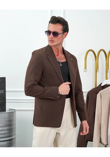 Modefendi Özel Seri %100 Gofre Kumaş İtalyan Kesim Modern Fit Ceket Kahverengi
