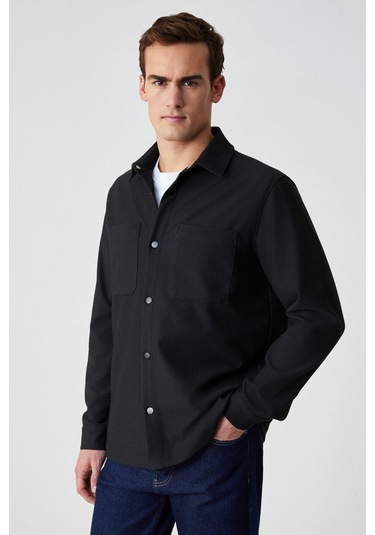 GRIMELANGE Jakarı Erkek Regular Fit Standart Kesim Klasik Yaka Desenli Çıtçıtlı Siyah Gömlek Siyah