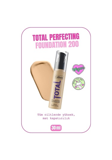 Callista Total Perfecting Spf 15 Yoğun Kapatıcı Mat Bitişli Fondöten - 200 Beige - Çok Açık