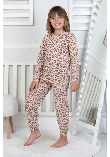 Minik Uyku Avcısı - Vahşi Rahatlık Serisi Leopar Desenli Kız Çocuk Pijama Takımı Kahverengi