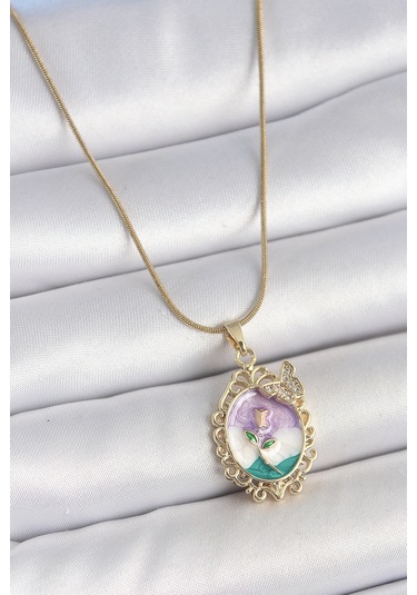 Zarif Kadın İçin Golden Çelik Zincir Alaca Mineli Çiçek Zirkonlu Portre Kolye Metalik
