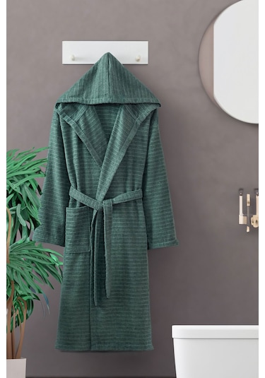2 Li Kapşonlu Unisex Banyo Bornozu Seti %100 Soft Pamuklu Antasit-yeşil