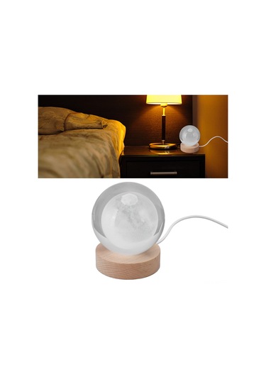 Shineyee 8cm Kristal Top + 7cm Ahşap Tabanlı Ay 3d Iç Gravürlü Led Akıllı Aydınlatıcı Masaüstü Dekoratif Hediyelik Lambader Sıcak Işık Diğer