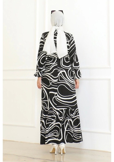 Çizgi Desenli Viskon Elbise - Siyah Siyah