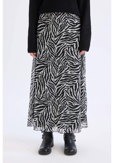 DeFacto Flare Fit Zebra Desenli Yüksek Bel Tül Maxi Etek E3974AX25SPBK81 Siyah