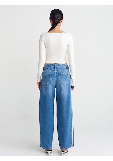 Dilvin 71755 Yanı Şeritli Balon Denim Pantolon Mavi