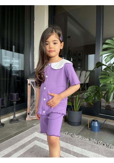Kız Çocuk Kaşkorse Fittili Önden Düğmeli Yaka Dantel Kapri Taytlı Takım Lila