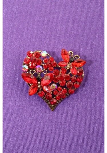 Kelebekli Kalp Broş. Kırmızı Yakut Taşlı Kelebekli Kalp Yaka İğnesi Broş. Kadın Kalpli Kelebek Broş Çok Renkli