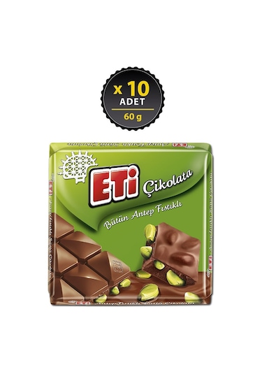 Eti Bütün Antep Fıstıklı Kare Çikolata 10 x 60 G