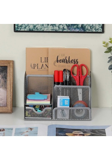 Ganzhoushop Ofis Mesh Masa Düzenleyici Çok Yönlü Kırtasiye Depolama Masaüstü Düzenleyici Kalemlik Çekmeceli, Gri