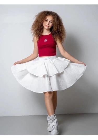 Kız Çocuk Poplin Beli Lastikli Kat Kat Tasarım Etek-15807 Beyaz