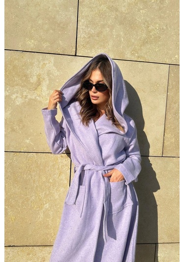 Kadın Lila Kruvaze Yaka, Kapüşonlu, Çift Cepli, Beli Kemerli, Uzun Kaşe Kaban Astarsız Lila