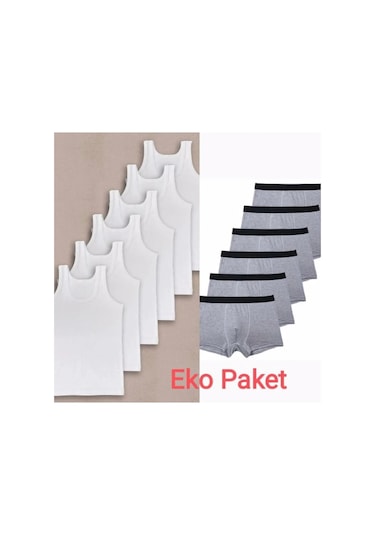 Erkek Çocuk İkili Set Pamuklu Penye 6 Atlet 6 Boxer Beyaz Gri