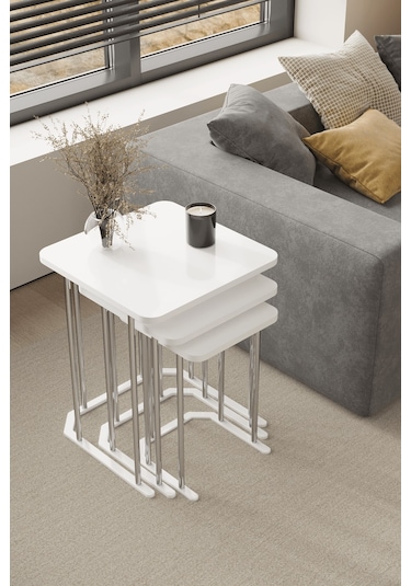 3' Lü Kare Zigon Sehpa Gümüş Ayak Beyaz 18 Mm Mdf Beyaz - Gümüş