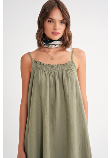 4740 Kadın Askılı Müslin Midi Elbise Çağla Çağla Yeşili