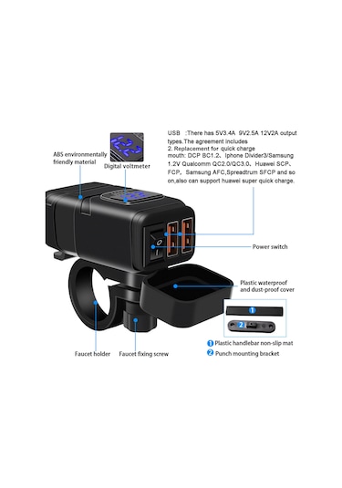 Vkemall Siyah Abs Materyal 12v Girişli 5v/9v/12v Çift Usb Süper Hızlı Şarj Cihazı 6-30v Voltmetre İle Mavi Ekran