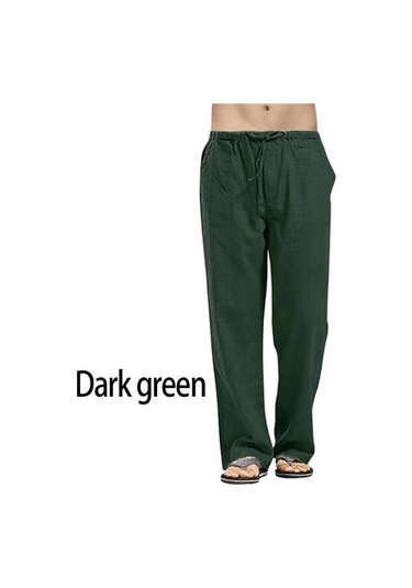 Erkek Nature Pamuk Keten Pantolon Yaz Pantolon 5xl Rahat Erkek Düz Elastik Bel Düz Bol Pantolon Koyu Yeşil