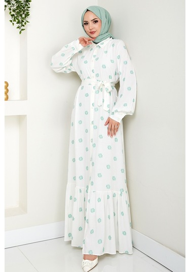 Anif Çiçek Desen Kemerli Elbise 1554 - Mint Mint