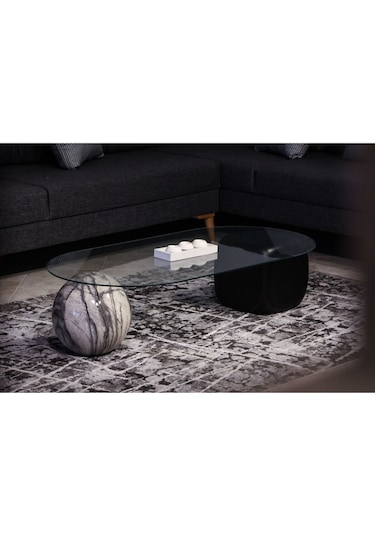 Top Sehpa & Küre Sehpa Oval Cam Orta Sehpa - Diana Traverten Desen & Siyah Zar