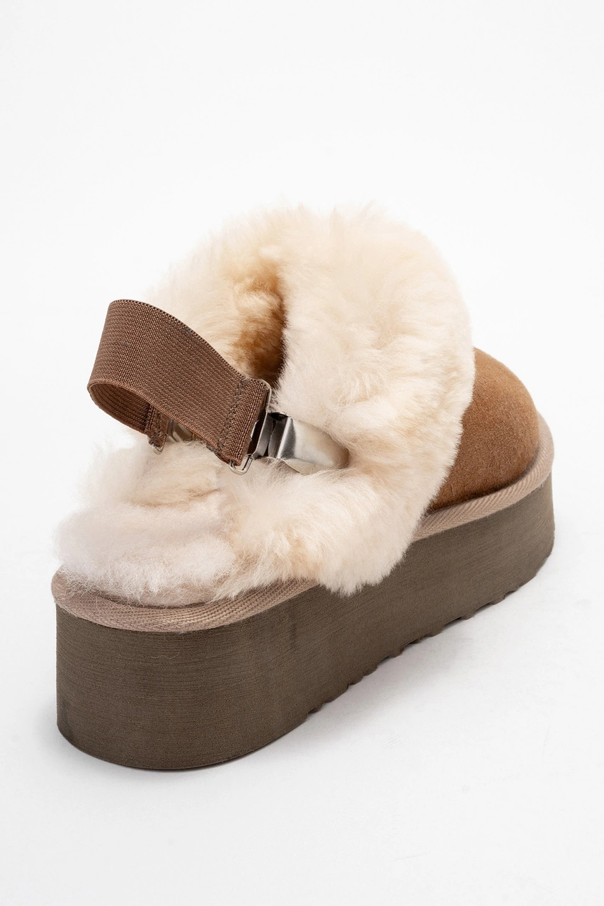 Olessa Taba Hakiki Deri Süet Kadın Kürklü Terlik Taba