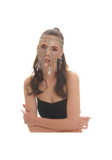 Kadın Antik Gümüş Kaplama Yaprak Charm Detaylı Ayarlanabilir El Yapımı Peçe, Yüz Zinciri Gümüş