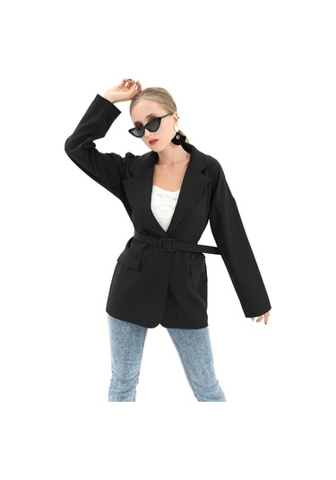 Düşük Omuz Kemerli Atlas Kumaş Blazer Ceket - Siyah-siyah Siyah