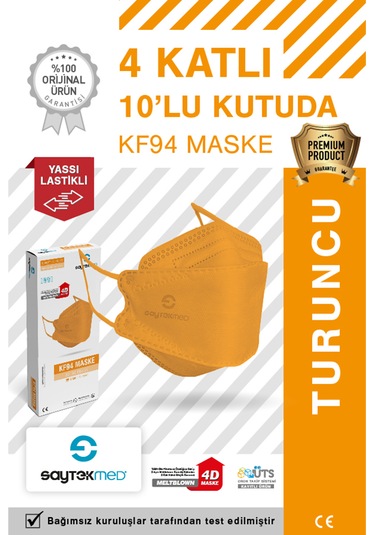 Kf94 Kore Tipi 4 Katlı Turuncu Maske, Uv Steril 10 Adet/1 Kutu