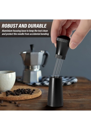Ximistore9 Espresso Kahve Tozu Karıştırıcı: Alüminyum Kolu, Tabanlı Tutucu Ve 17 Paslanmaz Çelik İğne Siyah Siyah