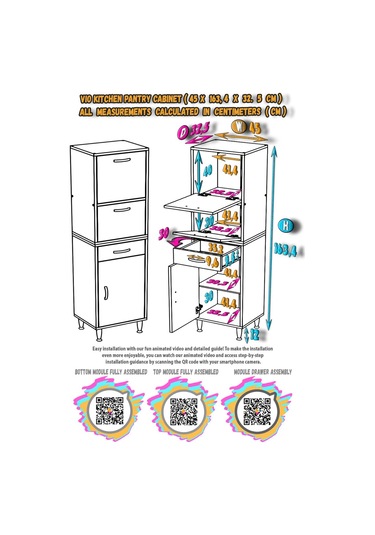 Modilayn Vio 45x163,4x32,5 Cm Yeni Çekmeceli, Kapaklı, Ekmeklikli, Çok Amaçlı Mutfak Dolabı. Beyaz