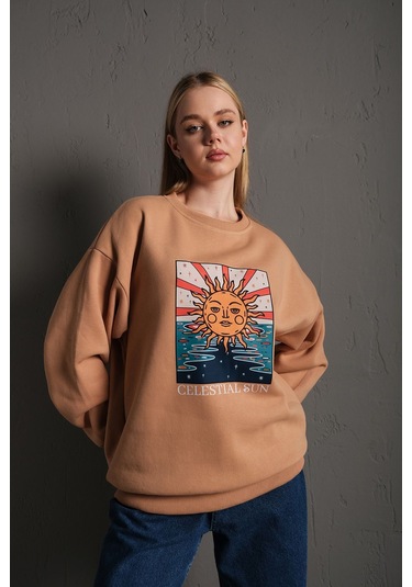 Kadın Gri Güneş Baskılı Oversize Sweatshirt Tw-Gnsswt Gri