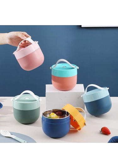 Mavi Taşınabilir Paslanmaz Çelik Çorba Bardağı Öğle Yemeği Kutusu Gıda Kapları Şekli Vakum Şişeleri Paslanmaz Çelik