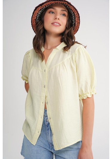 4725 Kadın Büzgü Robalı Kolu Fırfırlı Müslin Gömlek Pastel Sarısı Pastel Sarısı