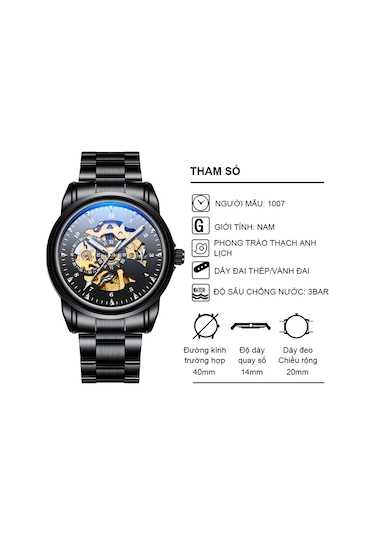 Yunboo Erkek Mekanik Saat Deri Kordon Su Geçirmez Gece Işıklı Erkek Öğrenci Kol Saati Siyah Kasa Mavi Ekran Altın