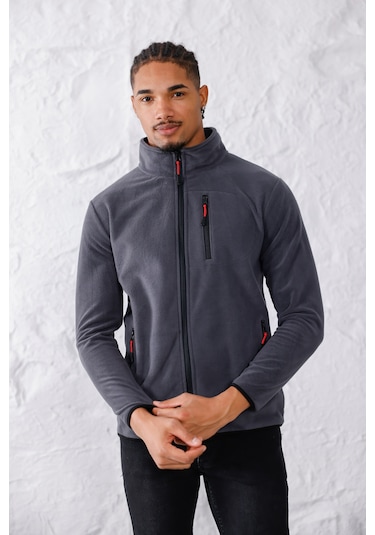 Monox Erkek Biyeli Fermuarlı Spor Polar Ceket Füme