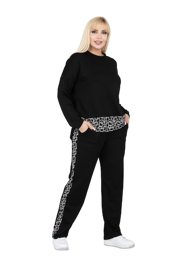 Melsay Butik Siyah Kare Şeritli Büyük Beden Kadın Eşofman Takımı Siyah