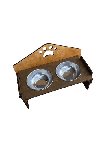 Ahşap Pati Desenli Yükseklik ve Eğim Ayarlı Suya Dayanıklı Kedi Mama ve Su Kabı Ahşap