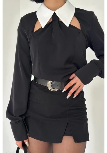 Siyah Önü Kravat Detaylı Bluz Siyah