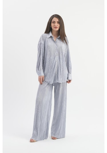 Düğme Detaylı Örme Pilise Takım - Gri-gri Gri